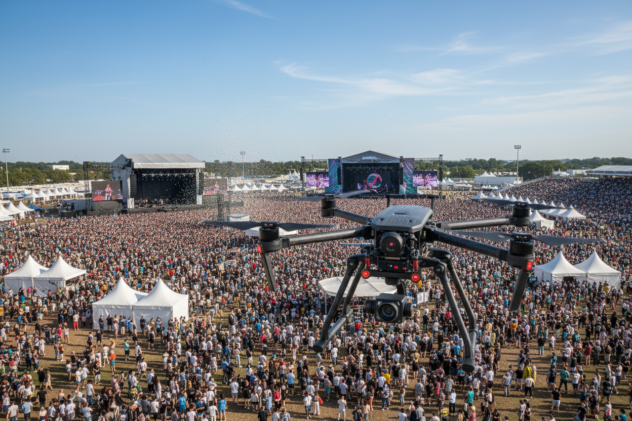 a photo of a drone above a large outdoor event, seeming scanning and mapping the surroundings