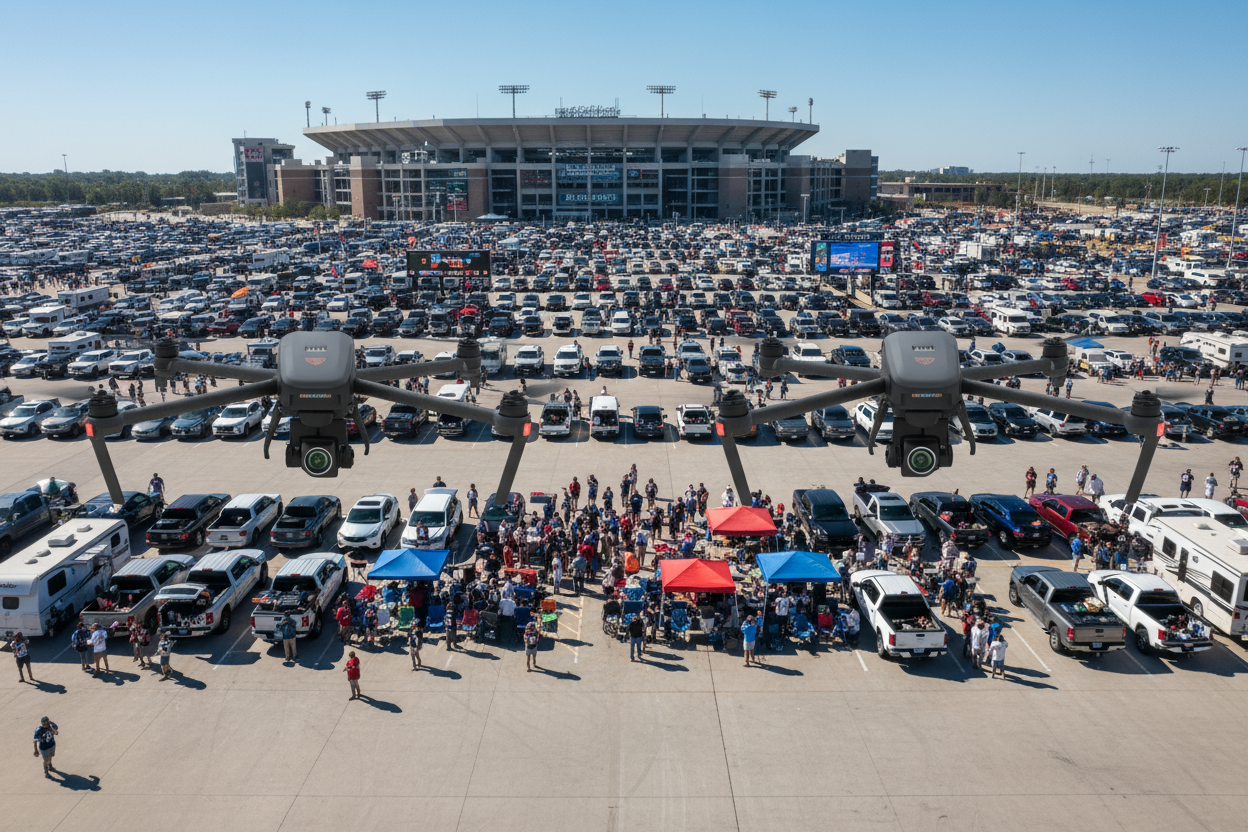 have the 2 drones scanning a large parking lot tailgate at a football game